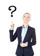 Business woman pointing up on sign question mark