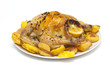 roasted chicken and potatoes on white background