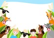 background with children and happy farm animals