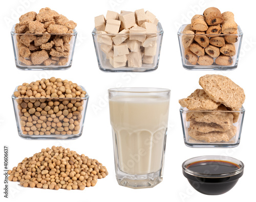 Photo: Soy products isolated on white Soy products isolated on white