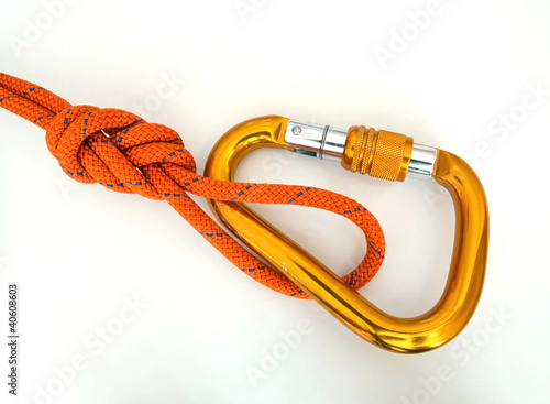 Photo: Climbing equipment - detail carabine and knot Climbing equipment - detail carabine and knot