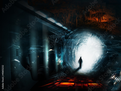 Illustration: walking man on a fantasy space landscape walking man on a fantasy space landscape