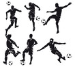 Set of six vector football (soccer) players silhouette with ball