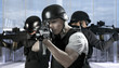 Police against terrorism, two soldiers at a business building Police against terrorism, two soldiers at a business building