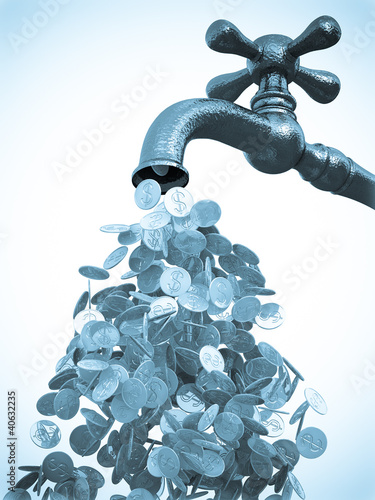 Illustration: Dollar coins flows from tap Dollar coins flows from tap