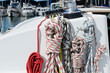 Sailing boat winch, piano lockers and ropes closeup