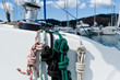 Sailing boat winch, piano lockers and ropes closeup