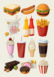 Set of colorful cartoon fast food icons. Isolated vector.