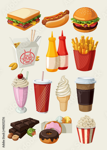 Vector: Set of colorful cartoon fast food icons. Isolated vector. Set of colorful cartoon fast food icons. Isolated vector.