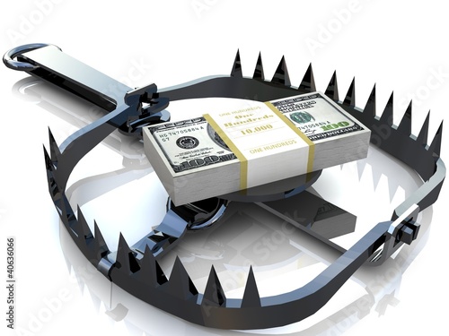 Illustration: Finance risk concept. Dollar banknotes on bear trap. Finance risk concept. Dollar banknotes on bear trap.