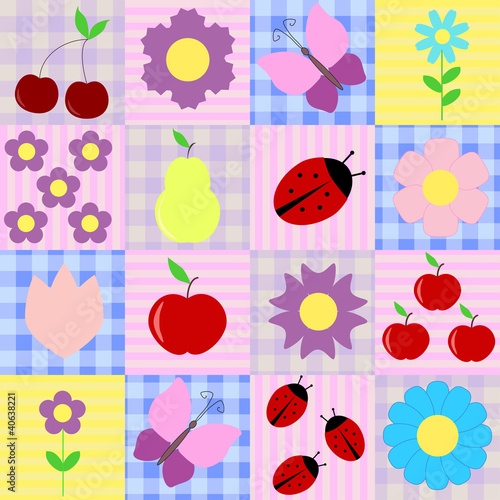 Vector: Spring background with fruits and flowers Spring background with fruits and flowers