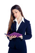 brunette indian business woman reading ebook tablet pc