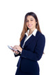 asian indian business woman reading ebook tablet pc