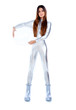 futuristic silver woman full legth holding glass helmet