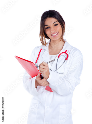 Photo: brunette indian doctor woman with red folder brunette indian doctor woman with red folder