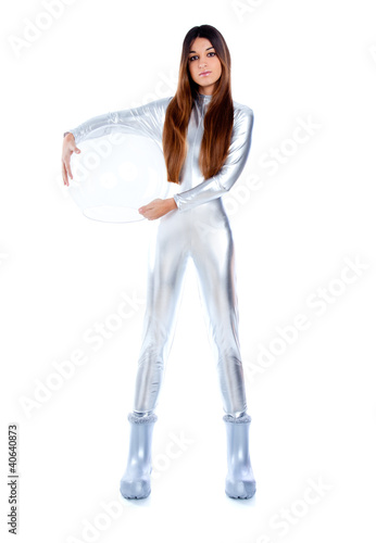 Photo: futuristic silver woman full legth holding glass helmet futuristic silver woman full legth holding glass helmet