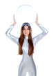 futuristic silver woman holding glass helmet