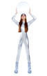 Details der Fotografie futuristic silver woman full legth holding glass helmet