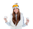 Details der Fotografie asian indian brunette winter girl with snow fur cap