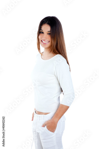 Foto: brunette indian woman on white smiling happy brunette indian woman on white smiling happy