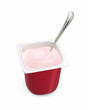 Single-serving pot of strawberry yogurt with spoon Single-serving pot of strawberry yogurt with spoon