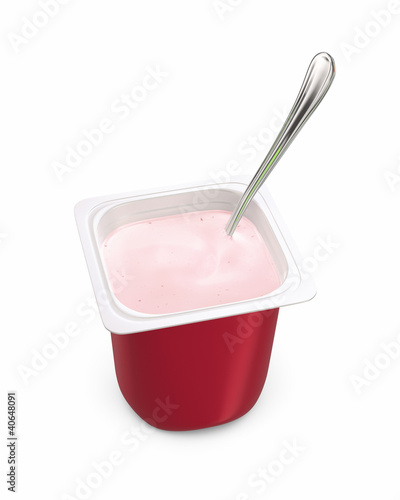 Photo: Single-serving pot of strawberry yogurt with spoon Single-serving pot of strawberry yogurt with spoon