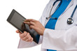 Foto: Doctor pointing on digital tablet isolated on white background Doctor pointing on digital tablet isolated on white background