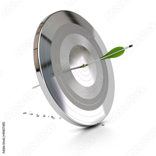 Illustration: one green arrow pierce a metal target over white one green arrow pierce a metal target over white