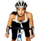 Pretty active cyclist holding to handlebars on a road bike in st