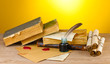 old books, scrolls, feather pen and inkwell old books, scrolls, feather pen and inkwell