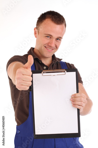 Foto: Handwerker mit Klemmbrett Handwerker mit Klemmbrett