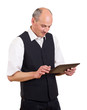 Mann schreibt auf Tablet-pc Mann schreibt auf Tablet-pc