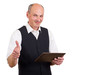 Mann mit Tablet PC zeigt Daumen hoch Mann mit Tablet PC zeigt Daumen hoch