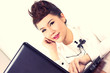 working girl, female model full make-up working on laptop. working girl, female model full make-up working on laptop.