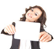 smiling young businesswoman with blank card