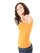 cheerful teenage girl pointing you, white background