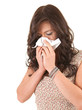 young woman with snotty, runny nose and tissue