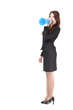 excited business woman yelling through megaphone