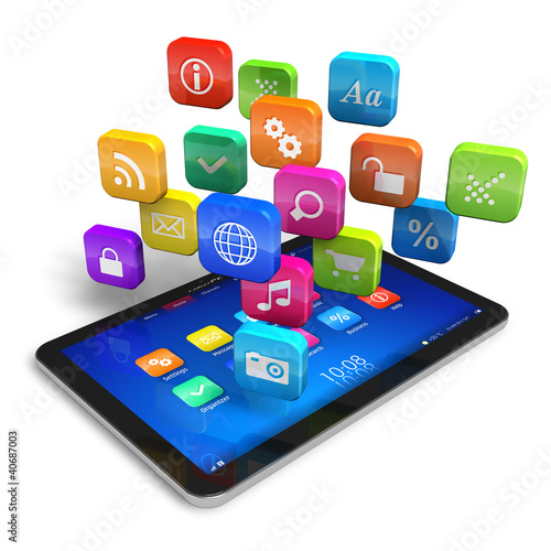 Illustration: Tablet PC with cloud of application icons Tablet PC with cloud of application icons
