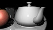 Teapot, apple and an empty glass