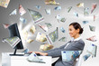 Businesswoman  at workplace and money symbols