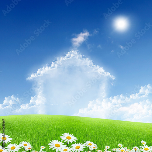 Illustration: House from white clouds against blue sky House from white clouds against blue sky