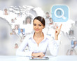 Illustration: Business person against technology background Business person against technology background