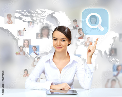 Illustration: Business person against technology background Business person against technology background