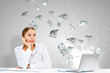 Illustration: Businesswoman at workplace and money symbols Businesswoman at workplace and money symbols