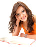 cheerful student young woman with book looking at camera