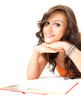 happy student young woman with book looking at camera