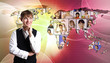 Young man against world map background