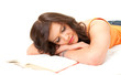 tired student girl sleeping near the book, white background