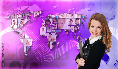 Illustration: Young woman against world map background Young woman against world map background